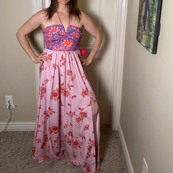 NWT Badgley Mischka size 2 Halter Blue Red Pink dress Floral MAXI - Picture 2 of 10